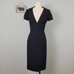 Narciso Rodriguez Black Wool Sheath Dress Sz XS/S Cut-Out Back‎ Deep V-Neck LBD